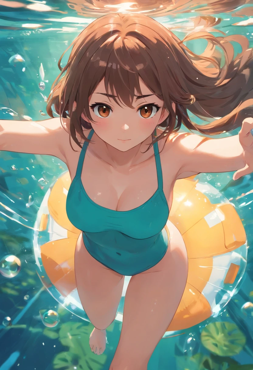 foreshortening, depth of fields, masutepiece, Best Quality, 1girl in, Brown hair, Brown eyes, Long hair, under the water, Air bubble, Solo, Looking at Viewer, School Swimsuit, Swimming, Dappled sunlight,