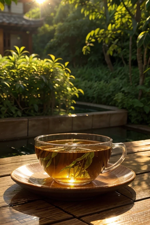 qualidade hig,Obras,Tea、Chinese black tea leaves,brilho,Tea leaves in water,A cup of tea is a glass、translucent,Tea on wooden table,The background is a garden,Gentle sun in the morning,