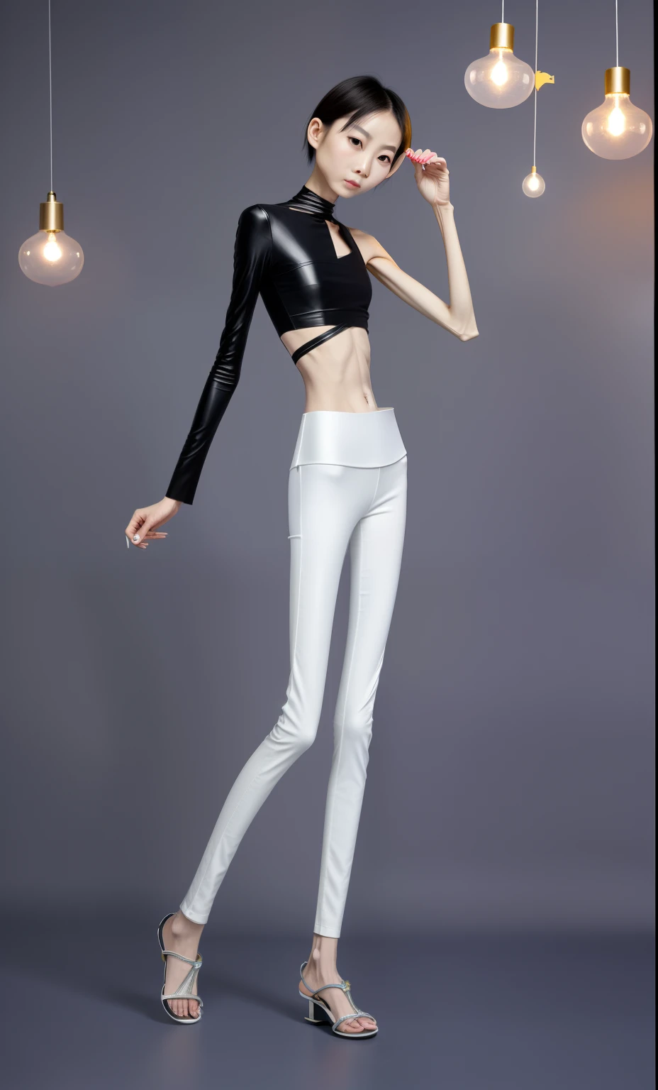 very thin adult woman,A thin body,Protruding sternum,The waist is very thin,The ribs are noticeable,Protruding ribs,The pelvic protrusion is very obvious,Pelvic width,Legs are just skin and bones,White skin of the,thin shoulde,The waist is very thin,Sunken abdomen,Delicate arms,arm muscle atrophy,hunger,The lower abdomen is depressed,Short hair details,Wear white leather pants,Wear slippers,Asia face,The waist is particularly thin,angry look,Excessive weight loss,The face is sunken and thin,Severe malnutrition,hunger,Weak,anorexia