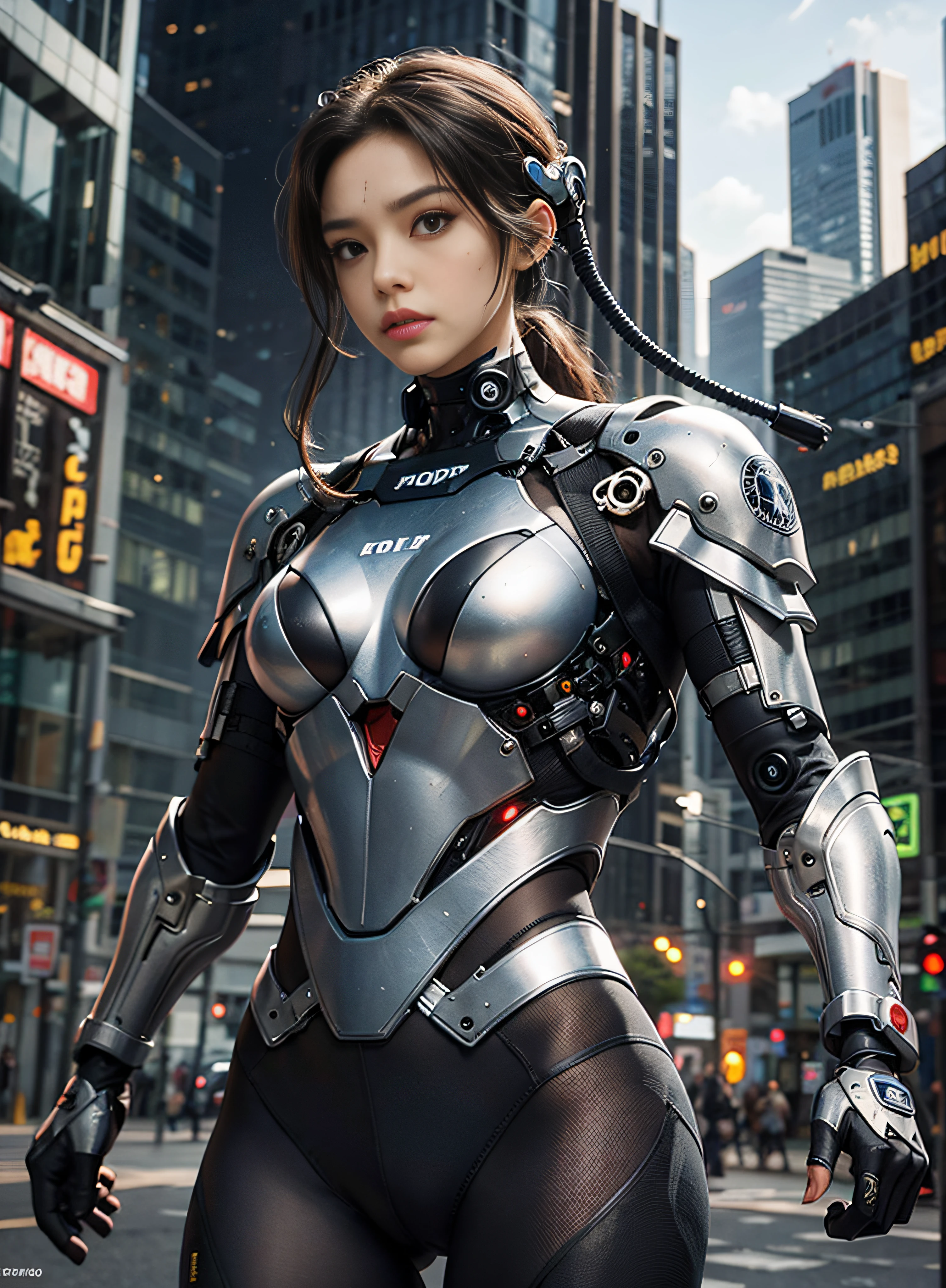 awardwinning photo, , Cyberpunk Suit, Cracked porcelain skin, A dark-haired、 gros-plan, vibrating, Photorealista, realist, Dramatic, murky, foco nítido, 8K、highcontrast、teats、Erotic、Cool pose
