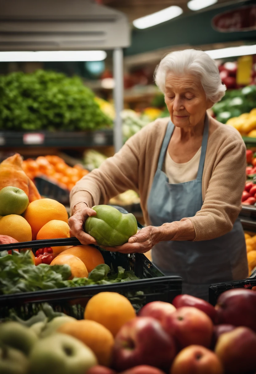 An old woman carefully selecting fresh fruits and vegetables from a colorful display at the supermarket, with her wrinkled hands reaching out to examine each item