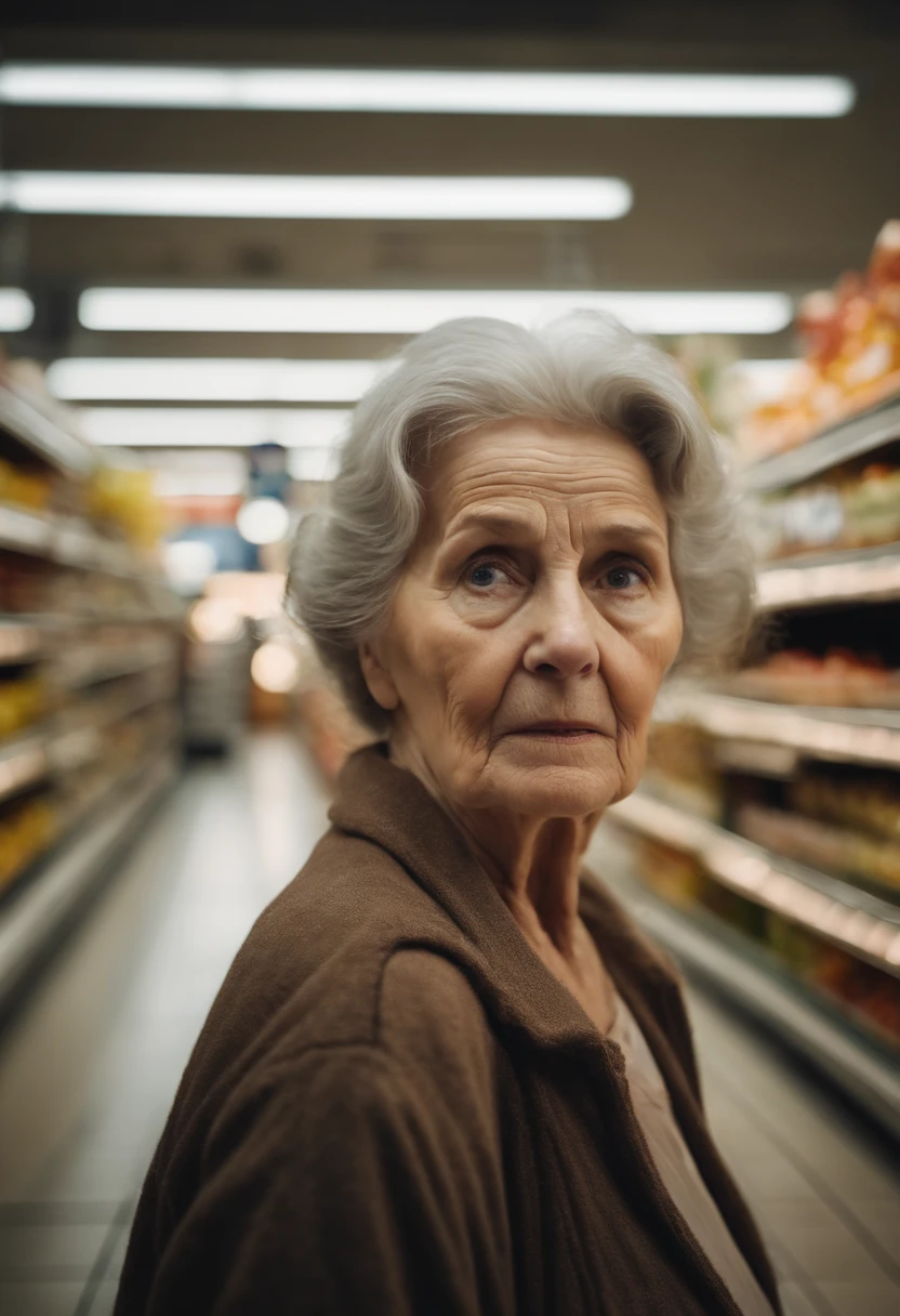 An close-up shot of an old woman’s face, capturing the wisdom and experience in her eyes as she navigates the aisles of the supermarket.