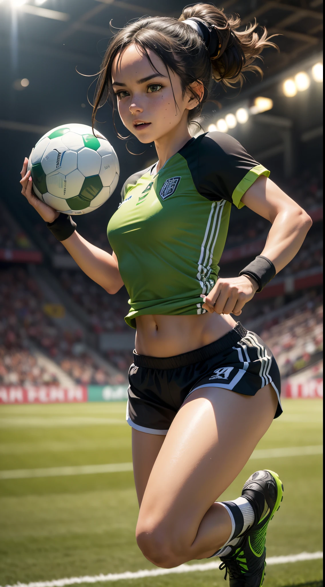 Generate a high-resolution digital image of a radiant female soccer player with a dark, tied-back ponytail, confidently sporting a fitted green and white soccer jersey paired with black shorts, knee-high socks, and cleats. Her joyful facial expression and sporty wristbands complement the dynamic action pose mid-kick on a soccer field, showcasing mud-streaked shins. The backdrop features a blurred soccer stadium with evening floodlights, and natural sunlight casts soft shadows, highlighting her athletic features.