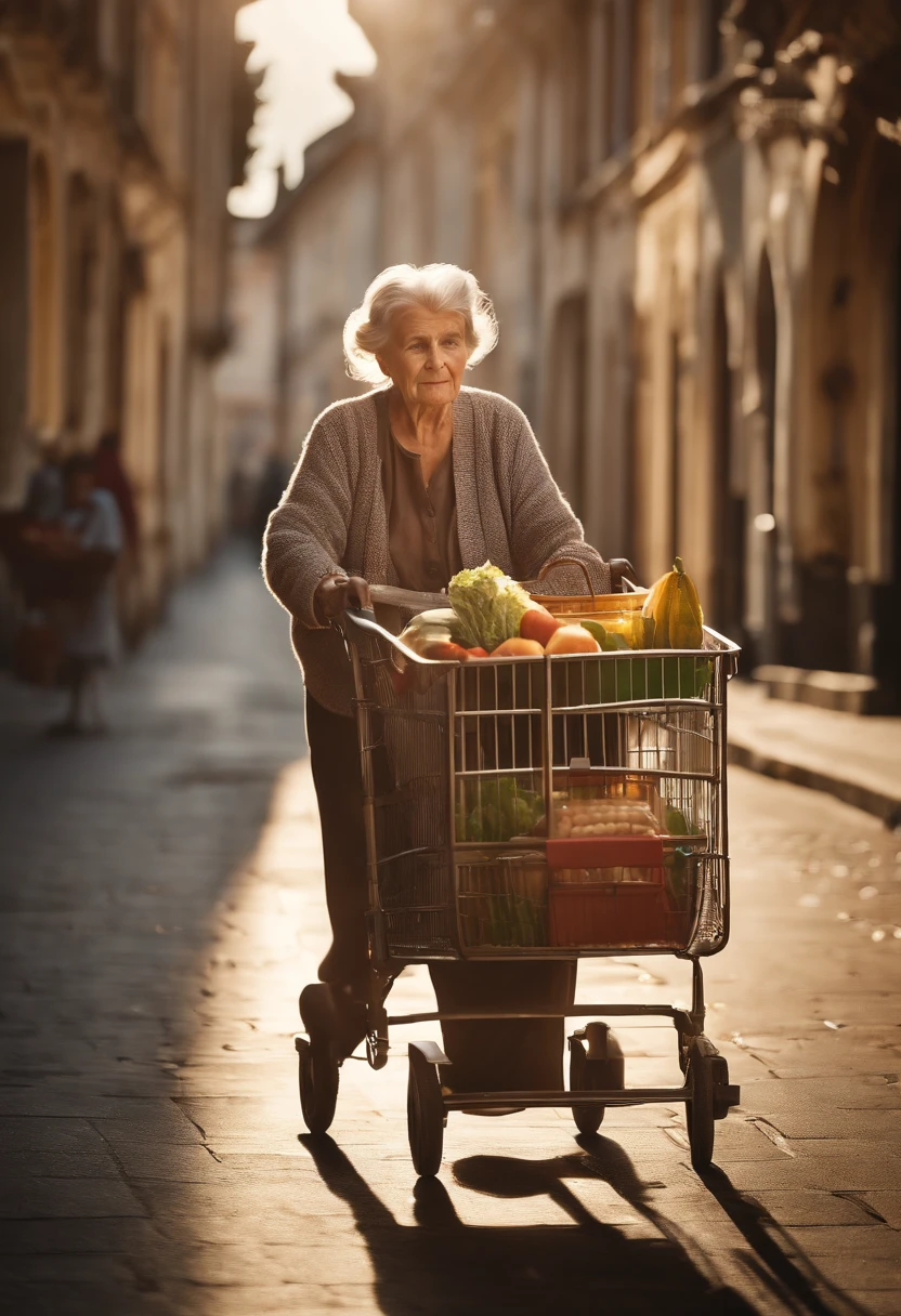 A high-resolution image of an old woman pushing a cart filled with groceries, her expression showcasing a mix of determination and contentment.
