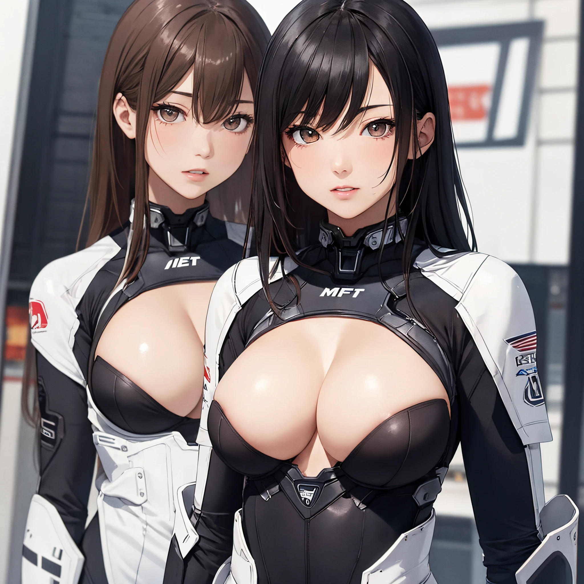 masterpiece、Top image quality、Black hair、Black bra、Colossal tits、mechs、animesque、8K,masterpiece, bset quality,Colossal tits、(1girl in)、((Pit Girl Suit))、shinny skin、Shiny big、dark-brown eyes、 ((top-quality))、 Crisp focus:1.2、Highly detailed facial and skin texture、A detailed eye、face perfect、perfect bodies、art by、nffsw、Blur the background、japanes、Big breasts with a strong presence、Circuit field、Blur the background、Cowboy Shot、