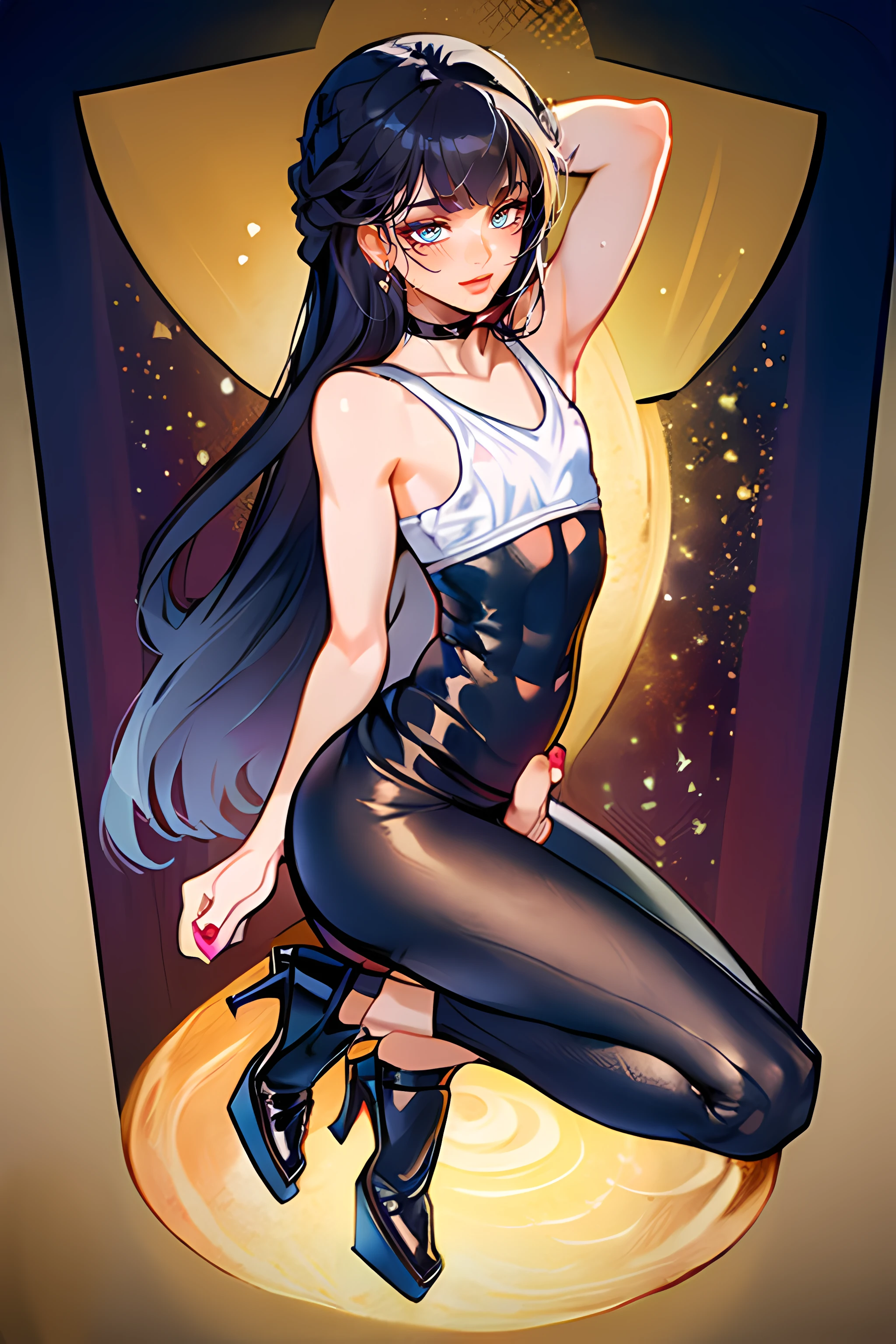 femboi, ((Masterpiece)), (1 girl)(Cute: 2.0), The face is extremely detailed, Enchanted expression, Strong gaze, Black Double French Braid, (Thin structure),Slightly round face, Tanned brown face, Healthy face, Big eyes, Thin thighs, (Small chest), confident pose, harsh, Almond-shaped eyes, rich palette,choker necklace,3D,open-toe high heels, goddess, from behind, Lean-yet-toned body/androgynous body aesthetic, spasm