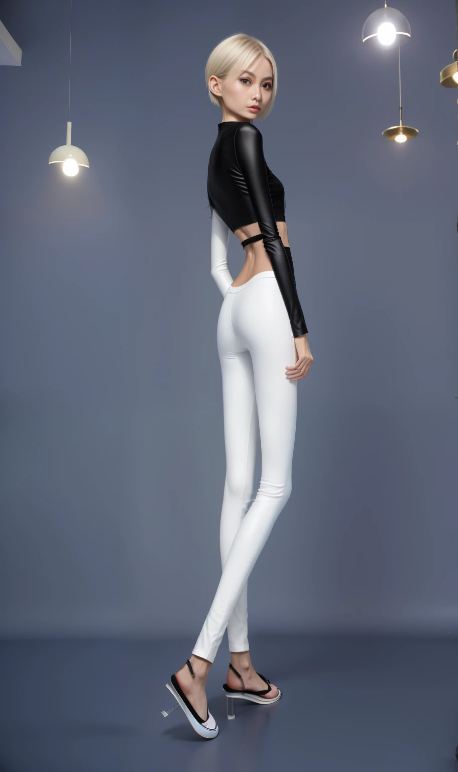 very thin adult woman,A thin body,Protruding sternum,The waist is very thin,The ribs are noticeable,Protruding ribs,The pelvic protrusion is very obvious,Pelvic width,Legs are just skin and bones,Fair skin,thin shoulde,The waist is very thin,Sunken abdomen,Delicate arms,arm muscle atrophy,hunger,sunken lower abdomen,Short hair details,Wear tight white leather pants,Wear slippers,Asia face,The waist is particularly thin,angry look,Excessive weight loss,The face is sunken and thin,Severe malnutrition,hunger,Weak,anorexia