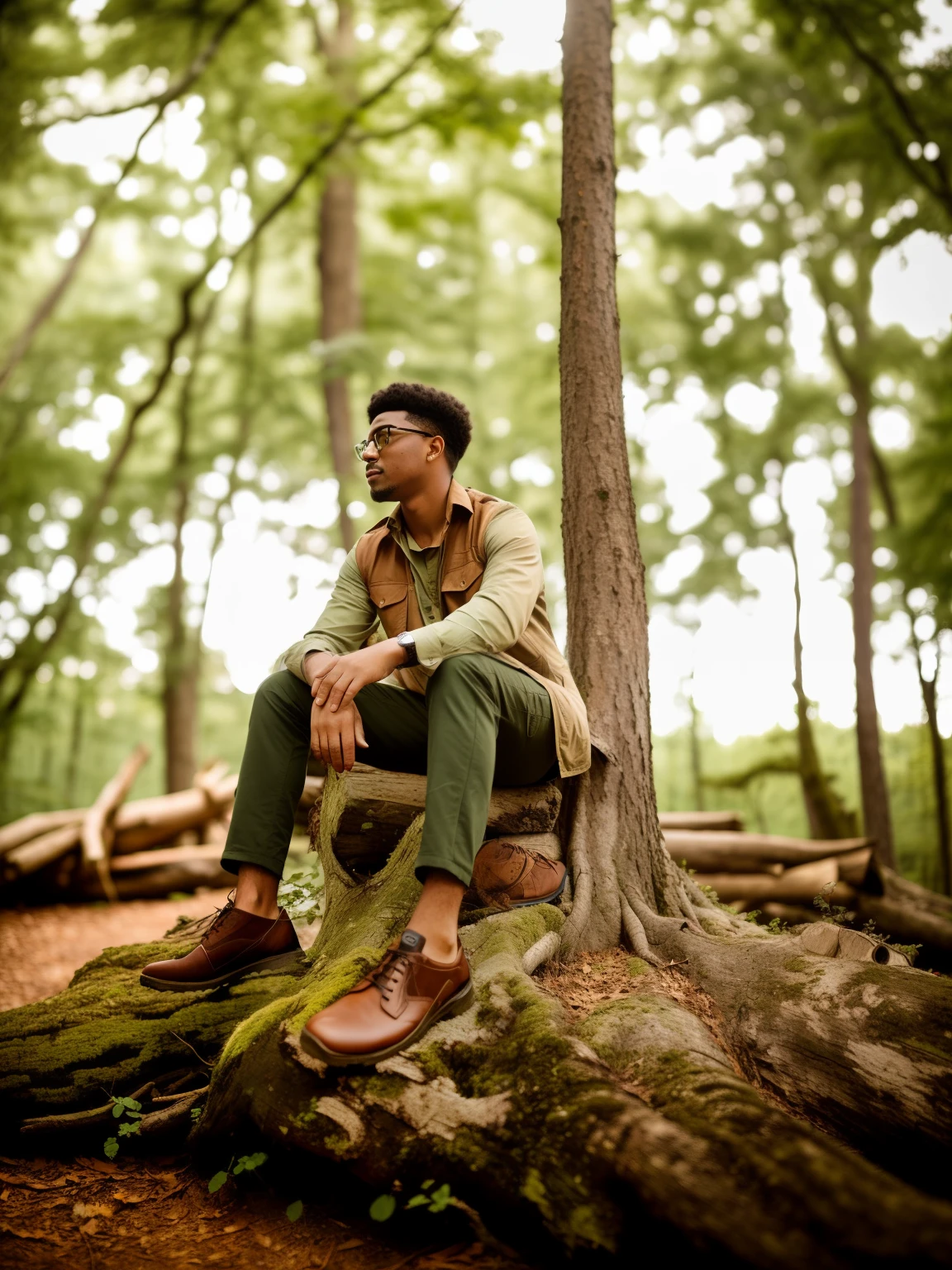 there is a man sitting on a tree stump in the woods, casual photography, sitting on a tree, sitting in the forrest, looking majestic in forest, sitting under a tree, in front of a forest background, next to a tree, sitting in a tree, standing on a forest, in forest, with a cool pose, shot on canon eos r5 age 20