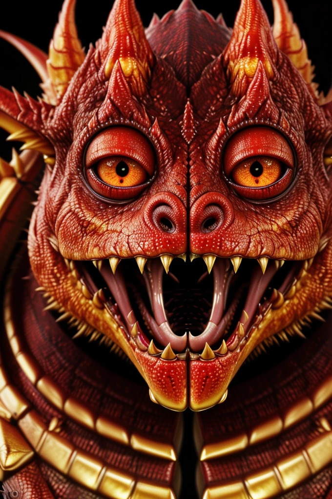 Golden Tenryu，Harsh red eyes,Close-up release of blood fire from the nose,Chest scales,high high quality,8K,Many details,Fire lettuce,Alas,4 legs,Spotted claws,golds,dangers,fires,dentes pontiagudos,big dragon,immensity,threatening,imponent