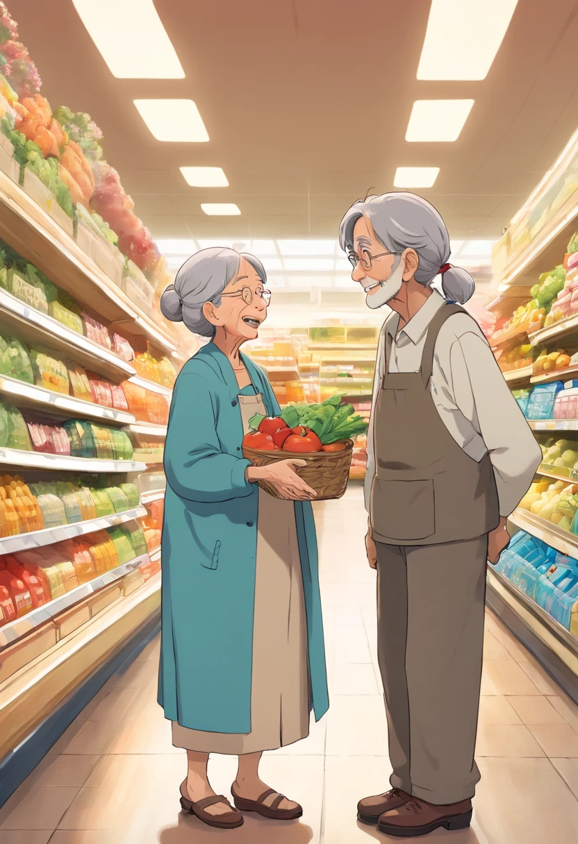 An old woman chatting with a friendly store clerk at the supermarket, their interaction capturing a sense of community and familiarity.