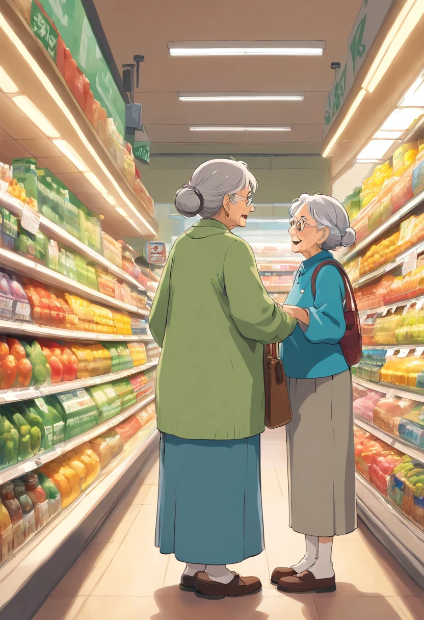 An old woman chatting with a friendly store clerk at the supermarket, their interaction capturing a sense of community and familiarity.