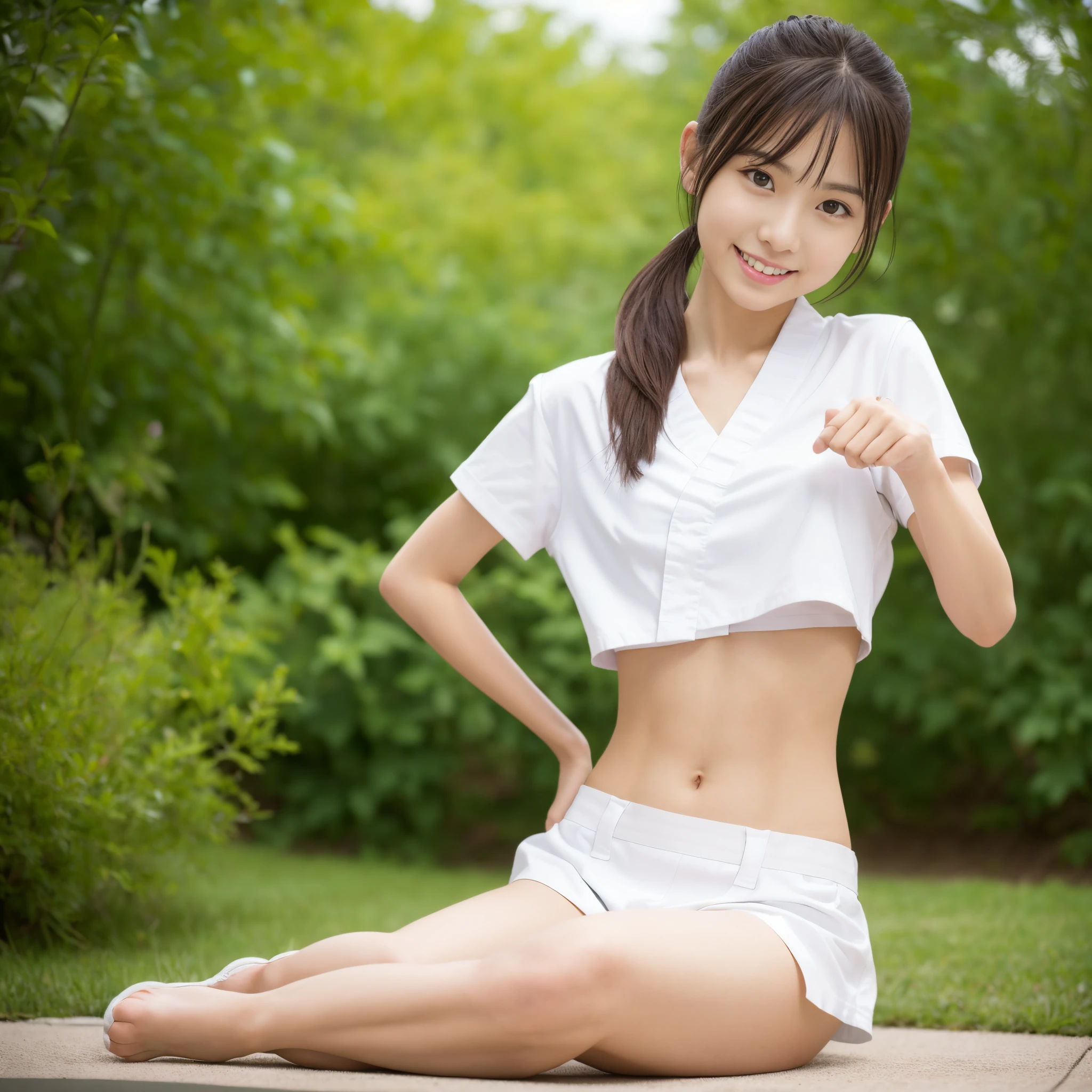 (Photorealsitic)(), Pretty Woman, (Full body 8K portrait), 1 girl in, White Karate Uniform, White karate pants, Large bust,Stand alone, Large and dynamic hand and foot movements, Stick out your fist, Make a high side kick, Correct skeleton, Perfect facial detail, (Smile: 1.15), attractive beautiful face, gazing at viewer, a small face, 二重まぶた, Beautiful detailed eyes, long eyeslashes, ligh brown hair, poneyTail, Toned waist, Beautiful thin legs, toned ankles, bare-legged ,TOKYOcty, the background is green, no nsfw