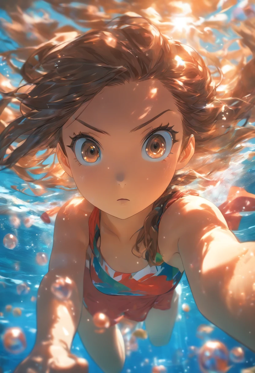 foreshortening, depth of field, masterpiece, best quality, 1girl, brown hair, brown eyes, long hair, underwater, air bubble, solo, looking at viewer, school swimsuit, swimming, dappled sunlight,