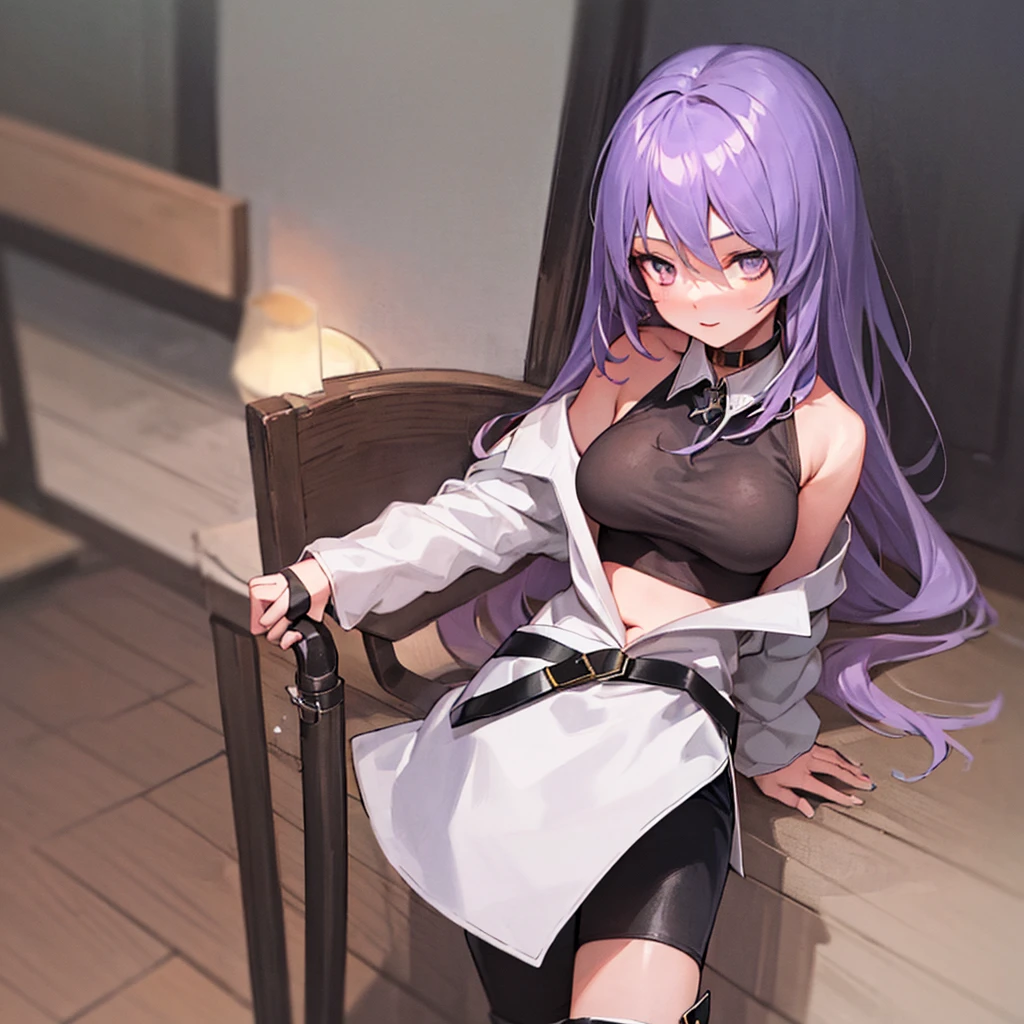 masterpiece, best quality, ultra-detailed, illustration,1girl,moona hoshinova,long hair,purple hair,gradient hair,colored inner hair,purple eyes,black shirt,crop top,shorts,bike shorts,black shorts,large breasts,collared shirt,thigh boots,black footwear,,belt,high heels boots, (bgrab), (pov belly grab), (standing), upper body, white jacket, sexy, pretty