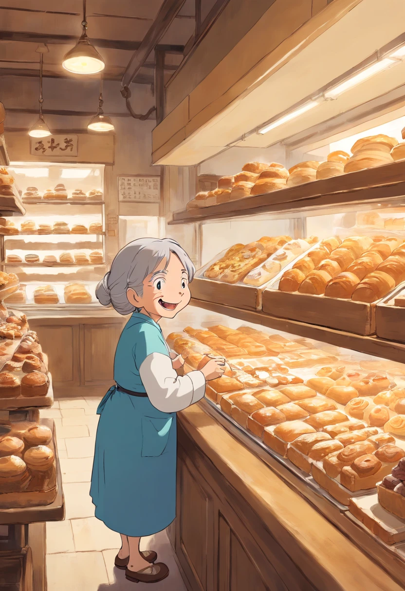A candid shot of an old woman in the bakery section, smiling as she selects her favorite pastries and treats.