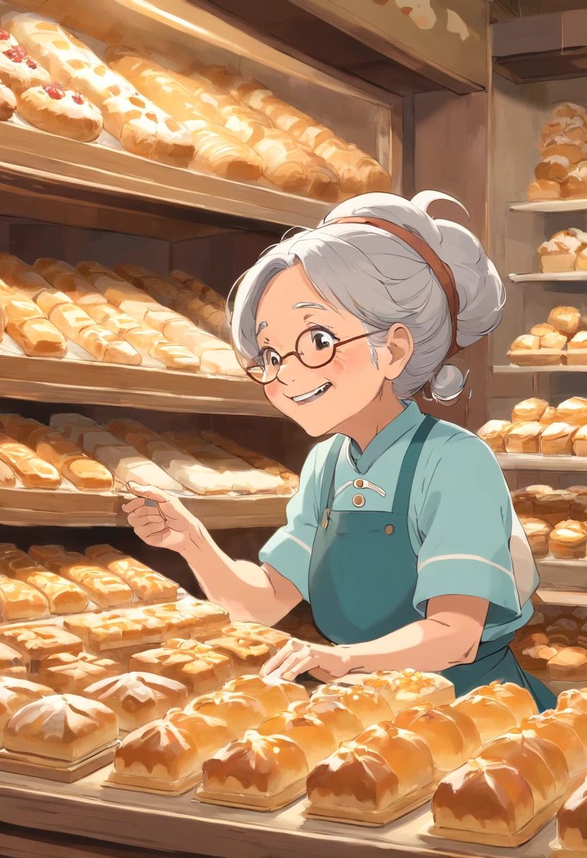 A candid shot of an old woman in the bakery section, smiling as she selects her favorite pastries and treats.