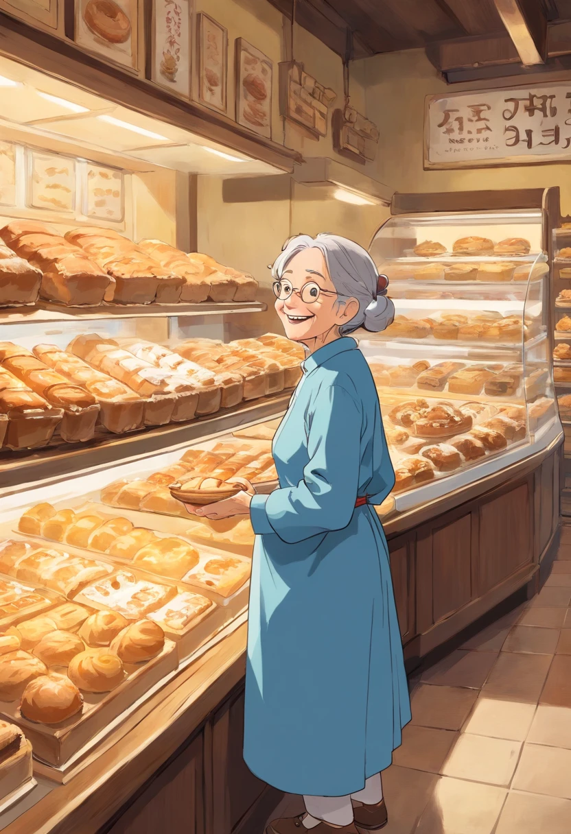 A candid shot of an old woman in the bakery section, smiling as she selects her favorite pastries and treats.