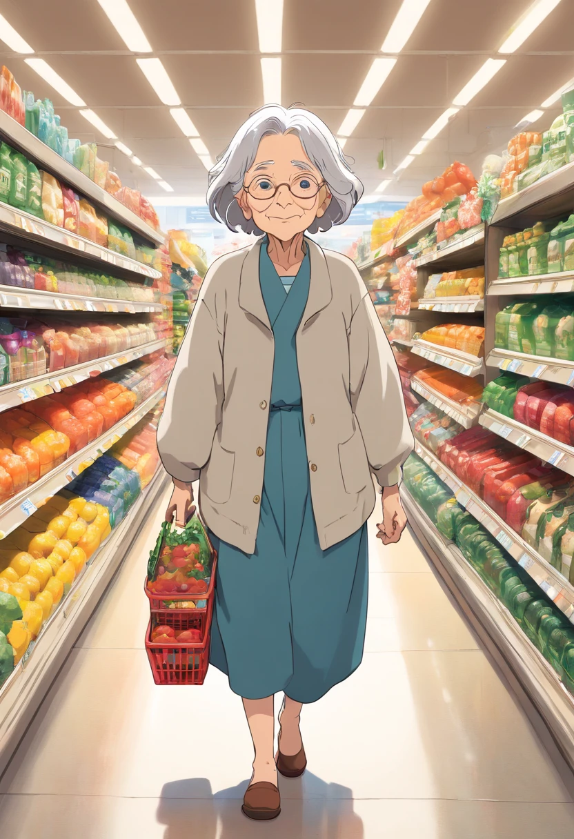 A high-resolution image of an old woman walking down the supermarket aisle, her thin hair white as snow, her face lined with age and wisdom