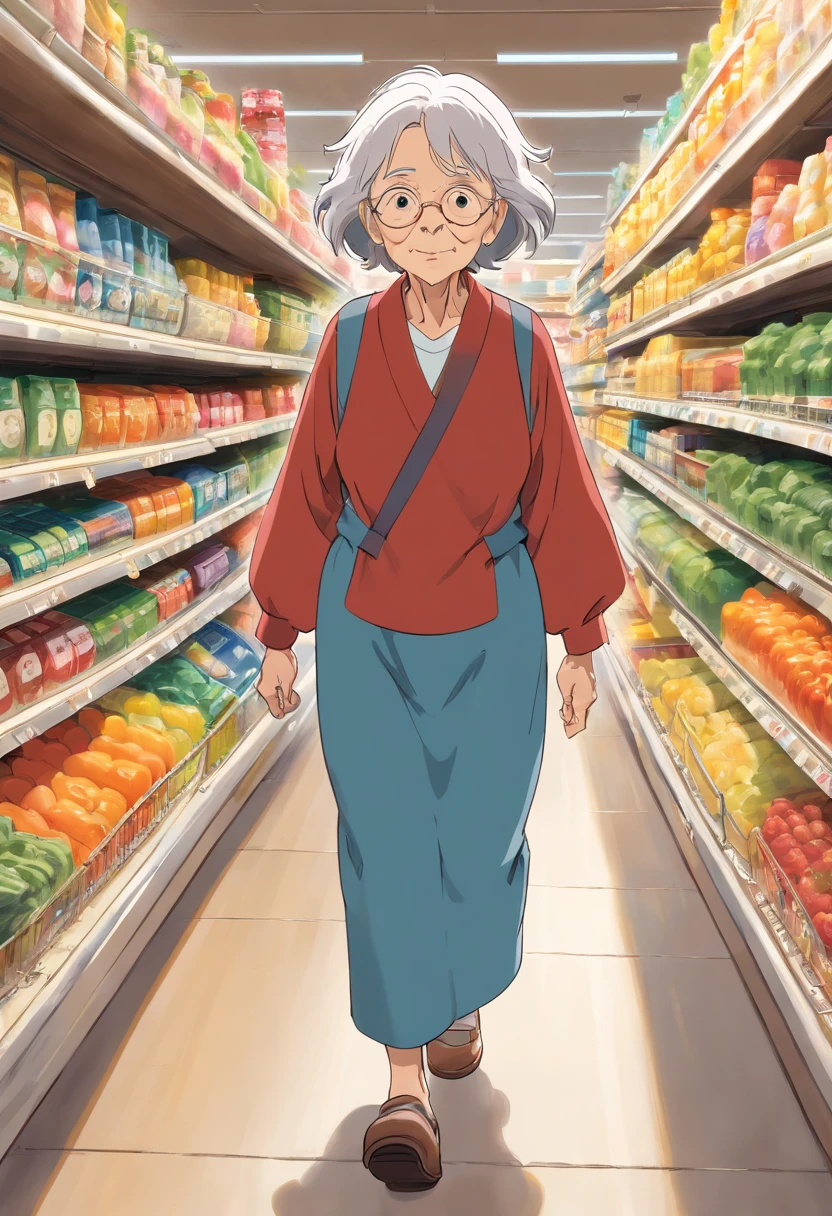 A high-resolution image of an old woman walking down the supermarket aisle, her thin hair white as snow, her face lined with age and wisdom