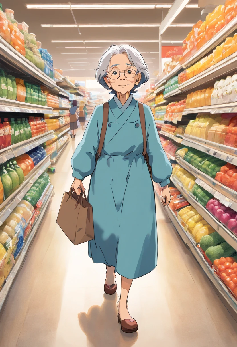 A high-resolution image of an old woman walking down the supermarket aisle, her thin hair white as snow, her face lined with age and wisdom