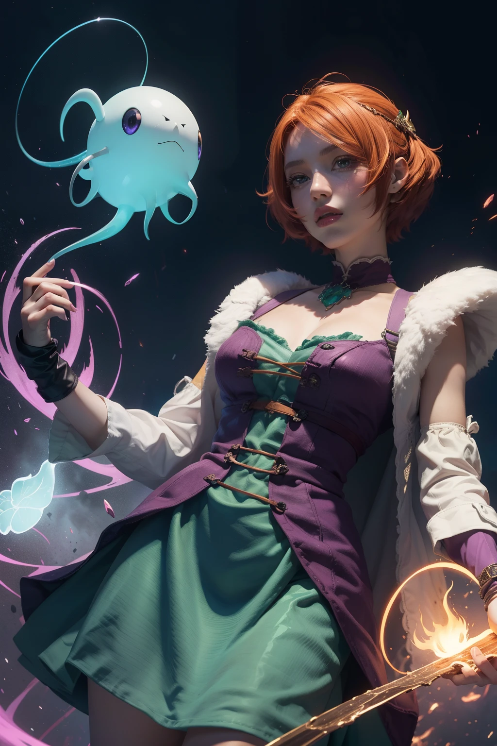 concept art, overhead angle of a Will-o'-the-wisp, wearing Funny Somali Emerald deep orange Pinafore, Caramel hair styled as Short hair, fluorescent purple Hair tie, equirectangular 360, Highres,  [(art by Willi Baumeister:1.1), (art by John T. Biggers:1.2)::17], official art, unity 8k wallpaper, ultra detailed, aesthetic, masterpiece, best quality, photorealistic