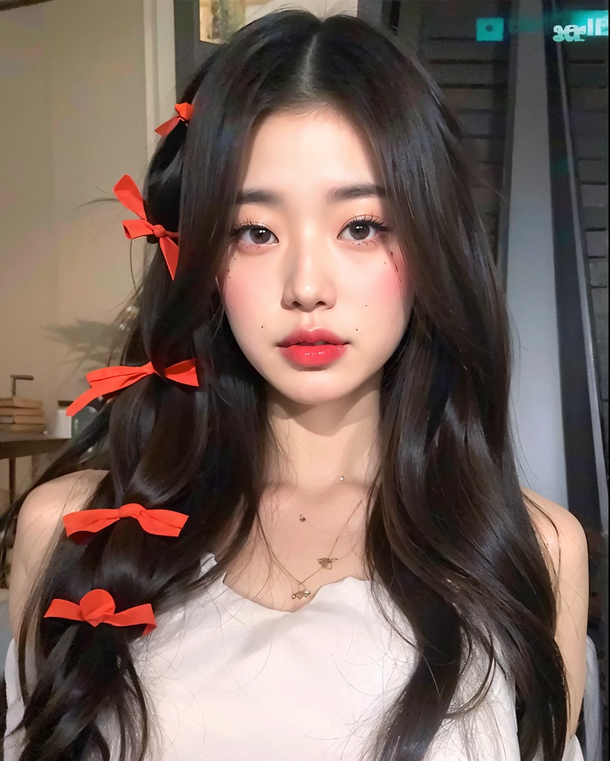 Arafed Asian woman with long hair and a red bow in her hair., Asian girl with long hair, 18 years old, con cabello largo y ojos penetrantes, con el pelo largo, beautiful asian girl, asian features, El Corte Hime, Hermosa modelo china, Xision Wu, El rostro de absurdamente bello, 1 6 years, Peinado liso