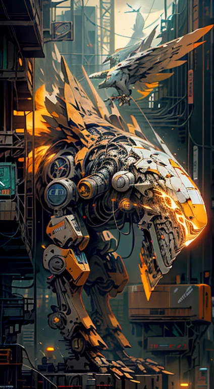 On the moon,barren planets, ruins, holding_weapon, no_humans, glowing, robot, building, glowing_eyes,bird mecha, orange mecha, science_fiction, city, realistic,mecha,Milky Way Galaxy background,neon,cyberpunk,