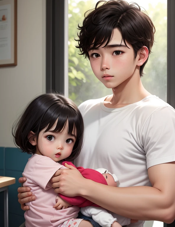 " affectionately hopping onto his mom's lap, planting a tender kiss on her cheek. School clothes, legs touching, 1 girl, 1 boy, 1 child."