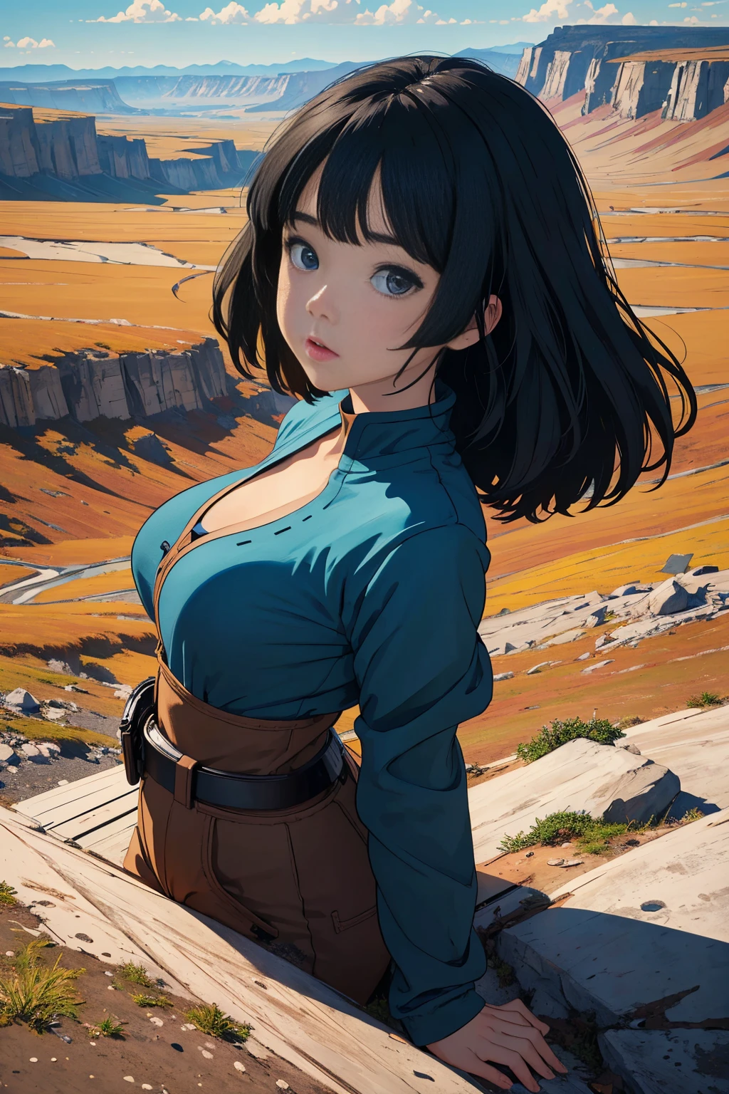 (masterpiece, best quality;1.3), extremely detailed picture, ultra detailed,nauskaavalofw, valley of the wind in the background, hayao miyazaki,1girl, solo,  comics, bust shot, from above, looking at viewer,