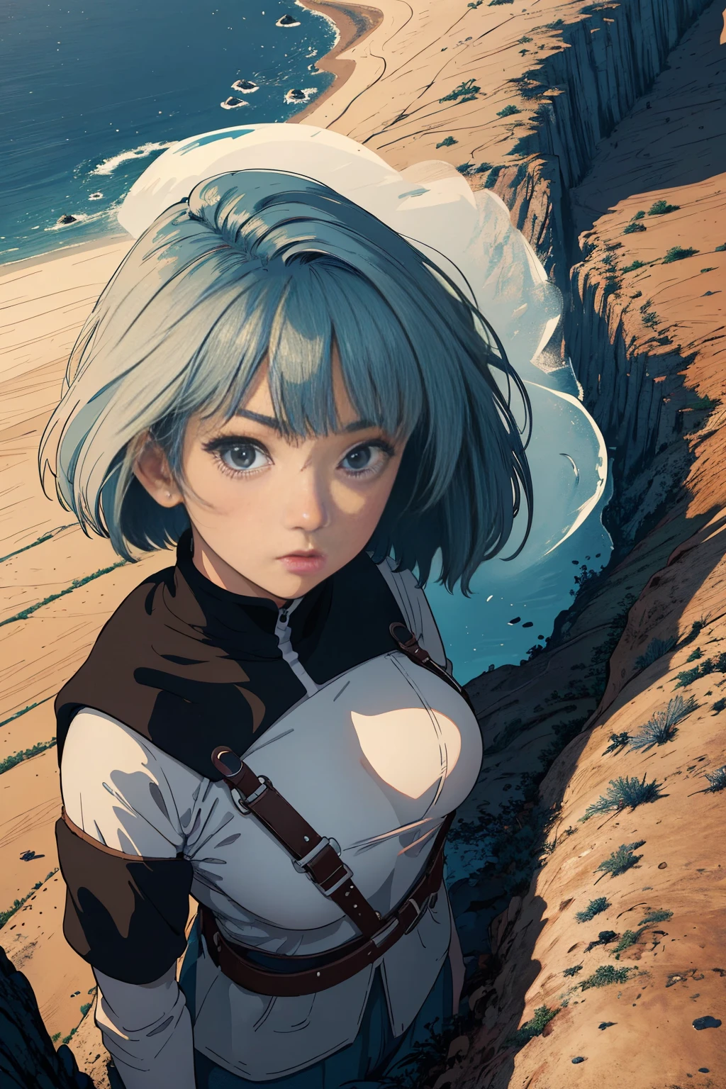 (masterpiece, best quality;1.3), extremely detailed picture, ultra detailed,nauskaavalofw, valley of the wind in the background, hayao miyazaki,1girl, solo,  comics, bust shot, from above, looking at viewer,