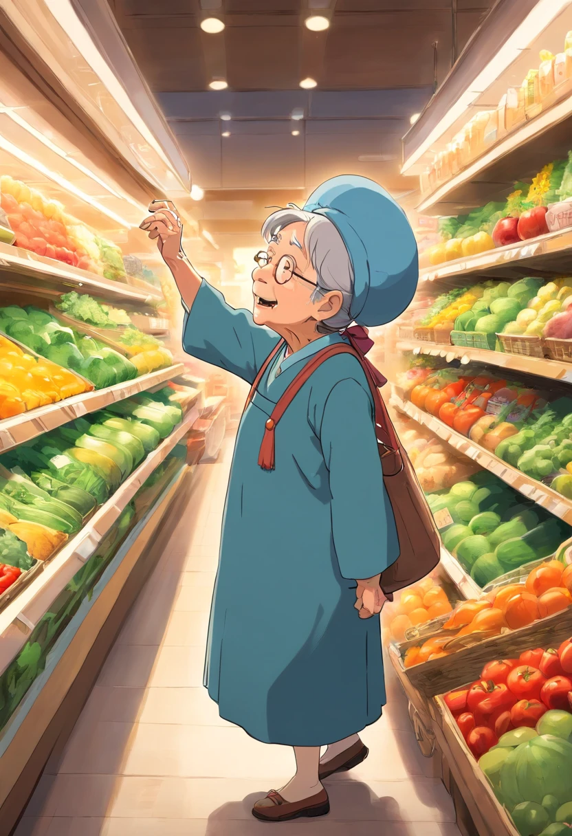 An old woman reaching out to touch and smell the fresh produce at the supermarket, her face lit up with delight at the selection.