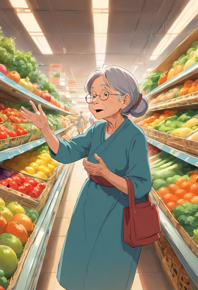 An old woman reaching out to touch and smell the fresh produce at the supermarket, her face lit up with delight at the selection.