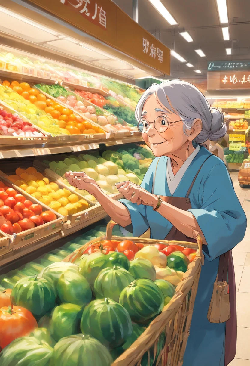 An old woman reaching out to touch and smell the fresh produce at the supermarket, her face lit up with delight at the selection.