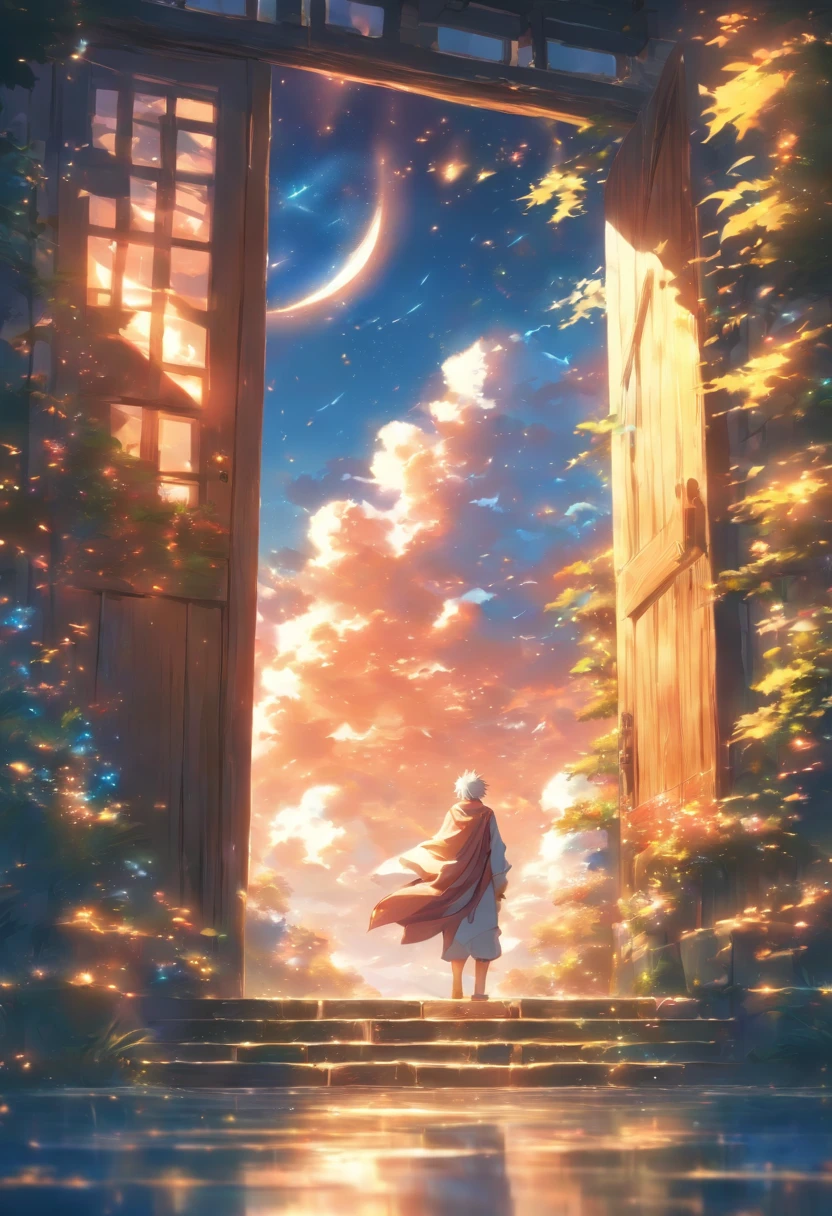 Setting: An elderly male is peeking through a slightly opened door.

Background:

Sky: Fantasy like, Anime like, bright.

Atmosphere: Godlike composition, amazing composition, yellow, blue, and pink shades, allow them to blend in with the surroundings and each other to give the scene a mystical feeling.

Extras:

Angle and Depth: For a dynamic perspective, use a slightly left-tilted angle to lend depth and drama to the scene. Also, use a low-angle shot as well.

Quality and Composition: Ensure the final piece is of high quality, resembling a masterpiece. The composition should be balanced and incredible, drawing the viewer's eye across the entire scene, from the fantasy-like sky, through the house, and finally resting on the ground.
Final Touches: