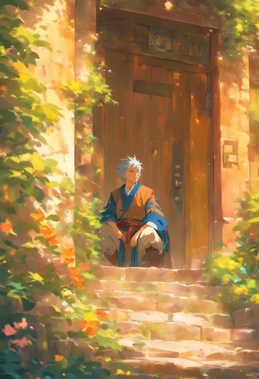 Setting: An elderly male is peeking through a slightly opened door.

Background:

Sky: Fantasy like, Anime like, bright.

Atmosphere: Godlike composition, amazing composition, yellow, blue, and pink shades, allow them to blend in with the surroundings and each other to give the scene a mystical feeling.

Extras:

Angle and Depth: For a dynamic perspective, use a slightly left-tilted angle to lend depth and drama to the scene. Also, use a low-angle shot as well.

Quality and Composition: Ensure the final piece is of high quality, resembling a masterpiece. The composition should be balanced and incredible, drawing the viewer's eye across the entire scene, from the fantasy-like sky, through the house, and finally resting on the ground.
Final Touches: