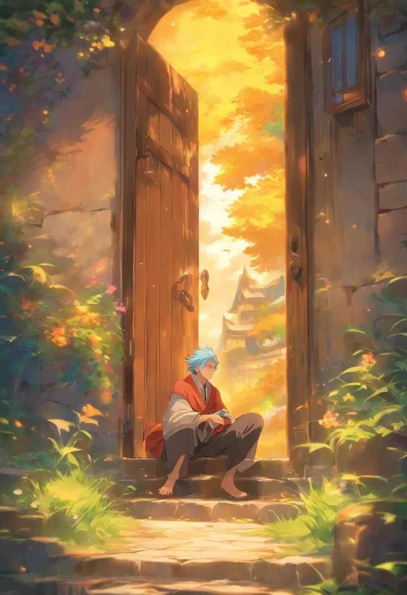 Setting: An elderly male is peeking through a slightly opened door.

Background:

Sky: Fantasy like, Anime like, bright.

Atmosphere: Godlike composition, amazing composition, yellow, blue, and pink shades, allow them to blend in with the surroundings and each other to give the scene a mystical feeling.

Extras:

Angle and Depth: For a dynamic perspective, use a slightly left-tilted angle to lend depth and drama to the scene. Also, use a low-angle shot as well.

Quality and Composition: Ensure the final piece is of high quality, resembling a masterpiece. The composition should be balanced and incredible, drawing the viewer's eye across the entire scene, from the fantasy-like sky, through the house, and finally resting on the ground.
Final Touches:
