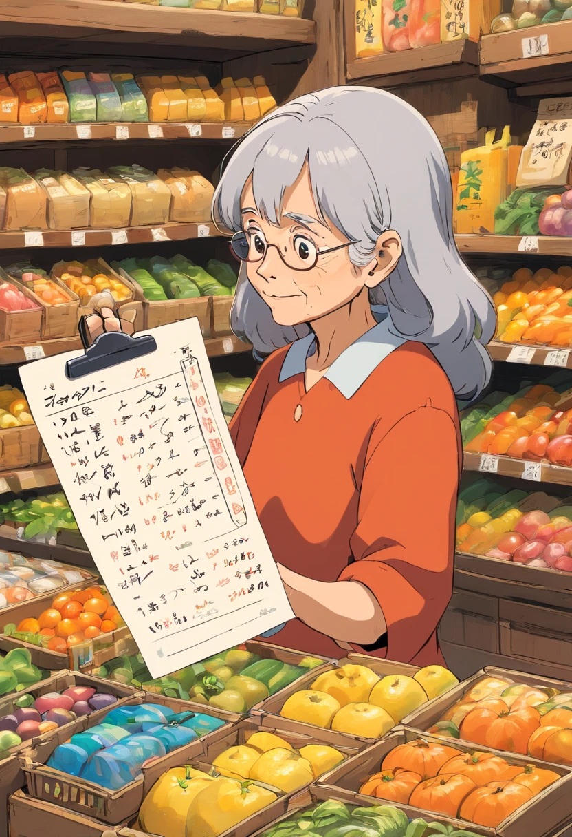 A detailed shot of an old woman’s shopping list, with her neat handwriting and crossed-off items, showcasing her thoughtfulness and organization while grocery shopping.
