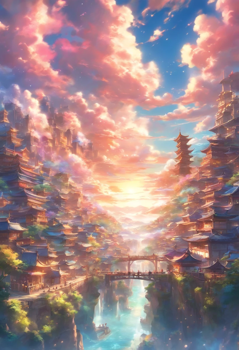 Setting: A massive clearing showcasing a captivating view of a massive and angelic town.
Background:
Sky: Fantasy like, Anime like, vivid and alive.
Atmosphere: Amazing composition, blue, pink, and purple and yellow shades, allow them to blend in with the surroundings and each other to give the scene a magical feeling.
Extras:
Angle and Depth: For a dynamic perspective, use a slightly left-tilted angle to lend depth and drama to the scene. Also, use a low-angle shot as well.
Quality and Composition: Ensure the final piece is of high quality, resembling a masterpiece. The composition should be balanced and incredible, drawing the viewer's eye across the entire scene, from the fantasy-like sky, through the view, and finally resting on the town below.
Final Touches: Correct proportions. Establishing shot. Beautiful and wondrous fantasy scenery, digital art, artstation, {8k high res masterpiece}, vibrant colored background, glowify