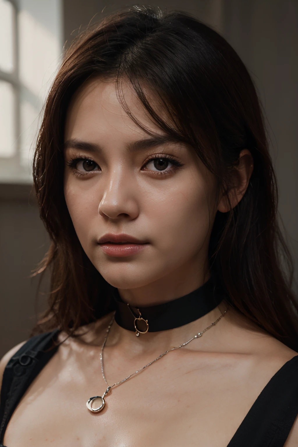 There was a woman,This face looks exactly like Chinese actress Tang Yi,choker necklace、The necklace is worn around the neck, 8K portrait rendering, Soft portrait shooting 8K, cinematic realistic portraits, Realistic moody facial lighting, Realistic digital art 4k, 3d rendered figure art 8k, Realistic digital art 4k, 8K Realistic Digital Art, 8k artistic german bokeh, realistic beautiful face