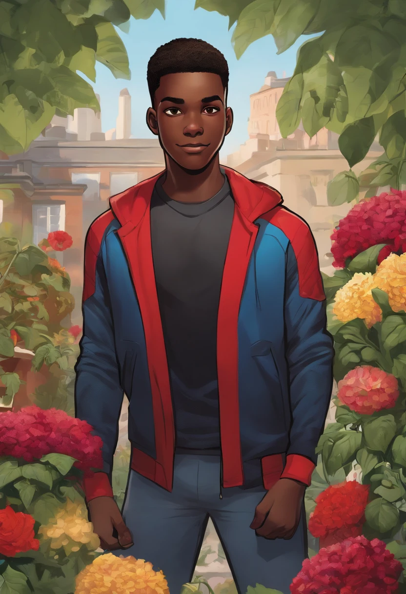 An image of Miles standing next to a community garden, surrounded by vibrant flowers and vegetables.,Marvel Comics,Miles Morales, the dynamic character from the “Spider-Man” universe, is a young, black athletic ager with a lean build, often seen in his distinctive black Spider-Man suit with red webbing and unique graffiti-style designs. He has a youthful, energetic face, often expressing a wide range of emotions from awe to determination, reflective of his age and the enormity of his responsibilities.