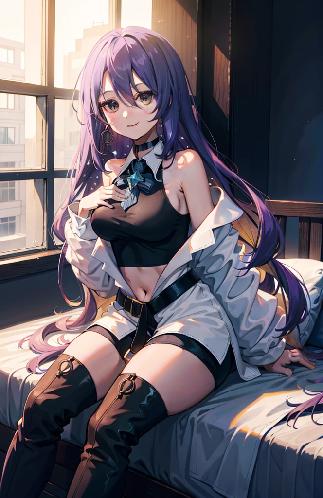 1girl, Moona Hoshinova, purple long hair, white jacket, short jeans pants, short pants, crop top, show stomach, bedroom, window, pillow, bed, sitting, (masterpiece:1.2), highres, best quality, 8k, sexy pose, blush, shy, smile, v neck shirt, show middle boobs, breat out, stocking, very short pants, pretty