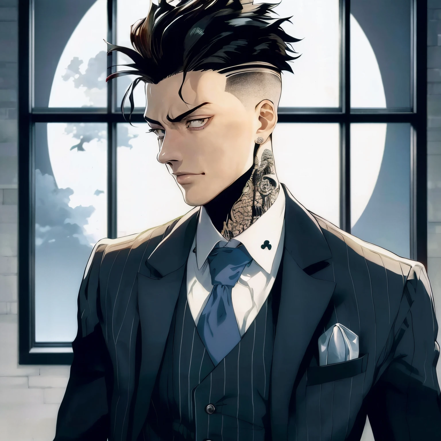 There's a man in a suit and tie standing in front of a window, Gatilho Estilo de Arte de Anime, cara bonito na arte demon slayer, kentaro miura manga art style, Arte Oficial, homem bonito anime, inspired by Munakata Shikō, estilo anime jojo, Kentaro Miura estilo de arte, em um terno estrito, pose de anime bonito