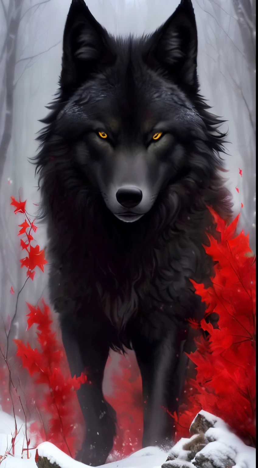 um lobo preto parado na neve com folhas vermelhas, Lobo Negro, guarda do lobo negro, Lobo cinzento escuro O'Donnell, foto de lobo, lobo cinzento escuro, Sakimi, lobo, grande lobo, Ele tem olhos de lobo amarelos, retrato do lobo da fantasia, lobo peludo, com olhos vermelhos brilhantes, an anthropomorphic wolf, lobo, Fenrir