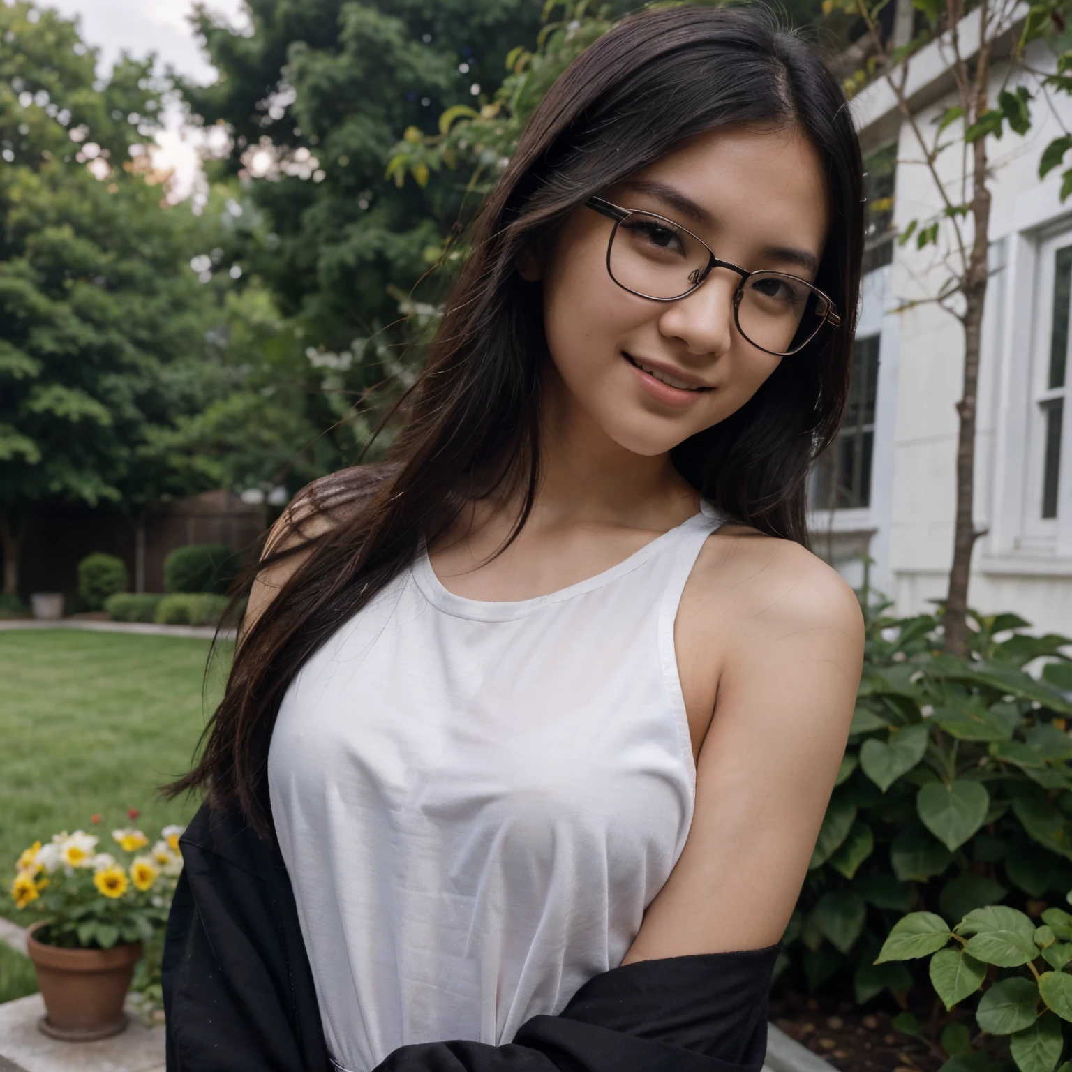 Very young female, half chinese, small slit-eyed, glasses, black hair, flawless white skin, long hair, photorealistic, best quality, hyper detailed, , beautiful woman, selfie photo, upper body, solo, wearing black clothes, smiling at garden, morning photo, without makeup, school, looking at viewer, skin texture, film grain, close up, ultra high res, best shadow, RAW, instagram LUT