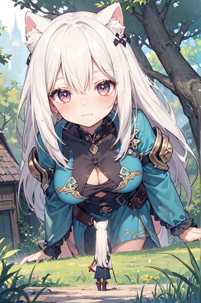 (2girls:1.2), fantasy, nature, grass, forest, (height_difference:1.4), (giantess:1.4), a tiny village in front of the breasts of a giantess, a tiny village below the breasts of a giantess, from below, below view giantess catgirl, big breasts, navel, smug, :3, blushing, looking down, all fours, crawling, below view, white hair, red eyes, (breasts closeup: 1.4), (minigirl:1.5), rear end, boots, long hair, (Masterpiece), (Best Definition Animated Illustration), (Super Definition), knight, armor, shoulder plates, (naked:1.2),