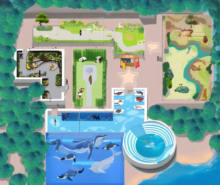 There is a map of the zoo，There is a swimming pool and some animals inside, bird's eyes view, bird's eyes view, bird's eyes view, 2D top view, bird's eyes view, [ down view ]!!, bird's eyes view, Aerial image, bird's eyes view, [ down view ]!, top views, zoo, Game map