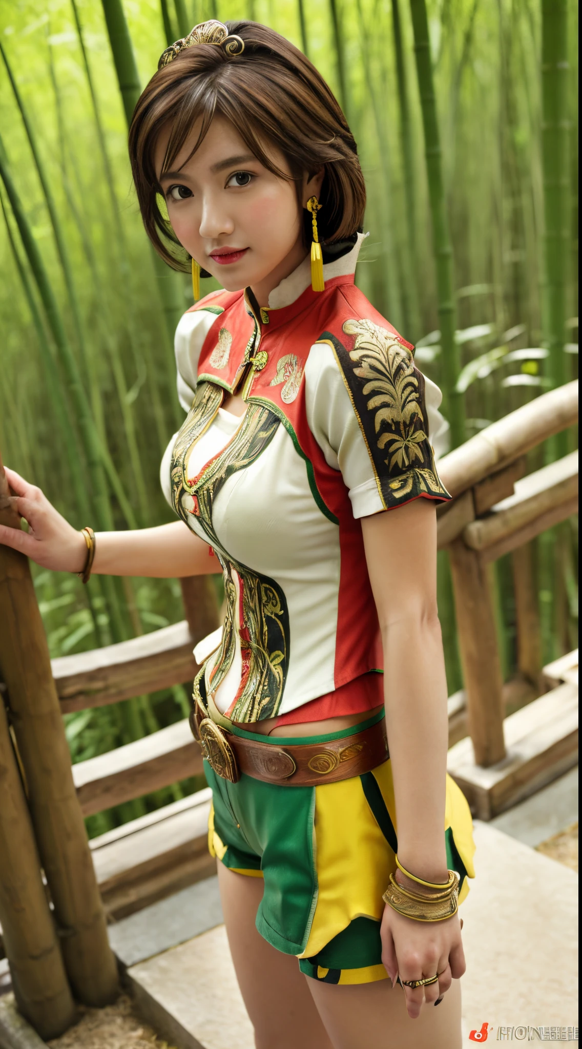 Best quality at best, (tmasterpiece:1.2), illustratio, absurd res,
(1个Giant Breast Girl, Alone), (Beautiful Meticulous Girl),
Sun Shang Xiang, Brown hair, green-eyed, mediuml breasts,
red headgear, jewely, yellow earrings, Red dress, short- sleeved, obi strip, short white pants, Brown boots,
looking at viewert, Happy,
In the bamboo forest, Chinese architecture, rivulets,
((both hands on hip)), (The upper part of the body, sportrait),
