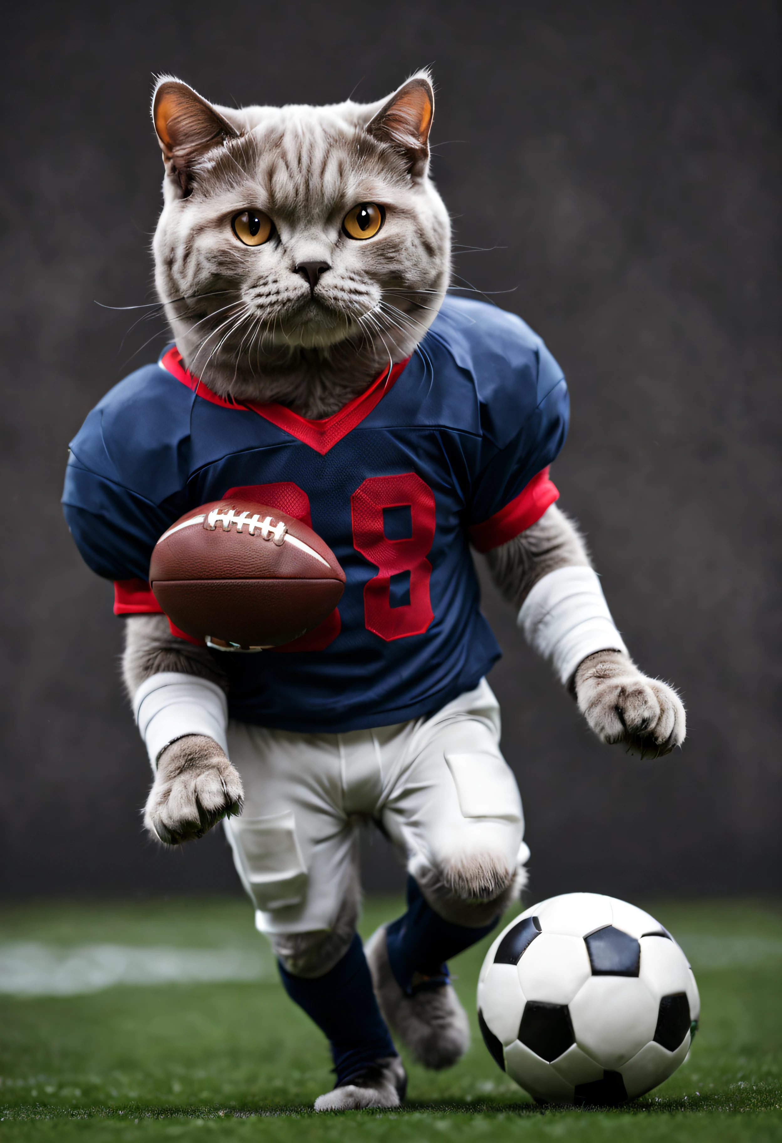British Shorthair Cat, dressed as football player, playing football
