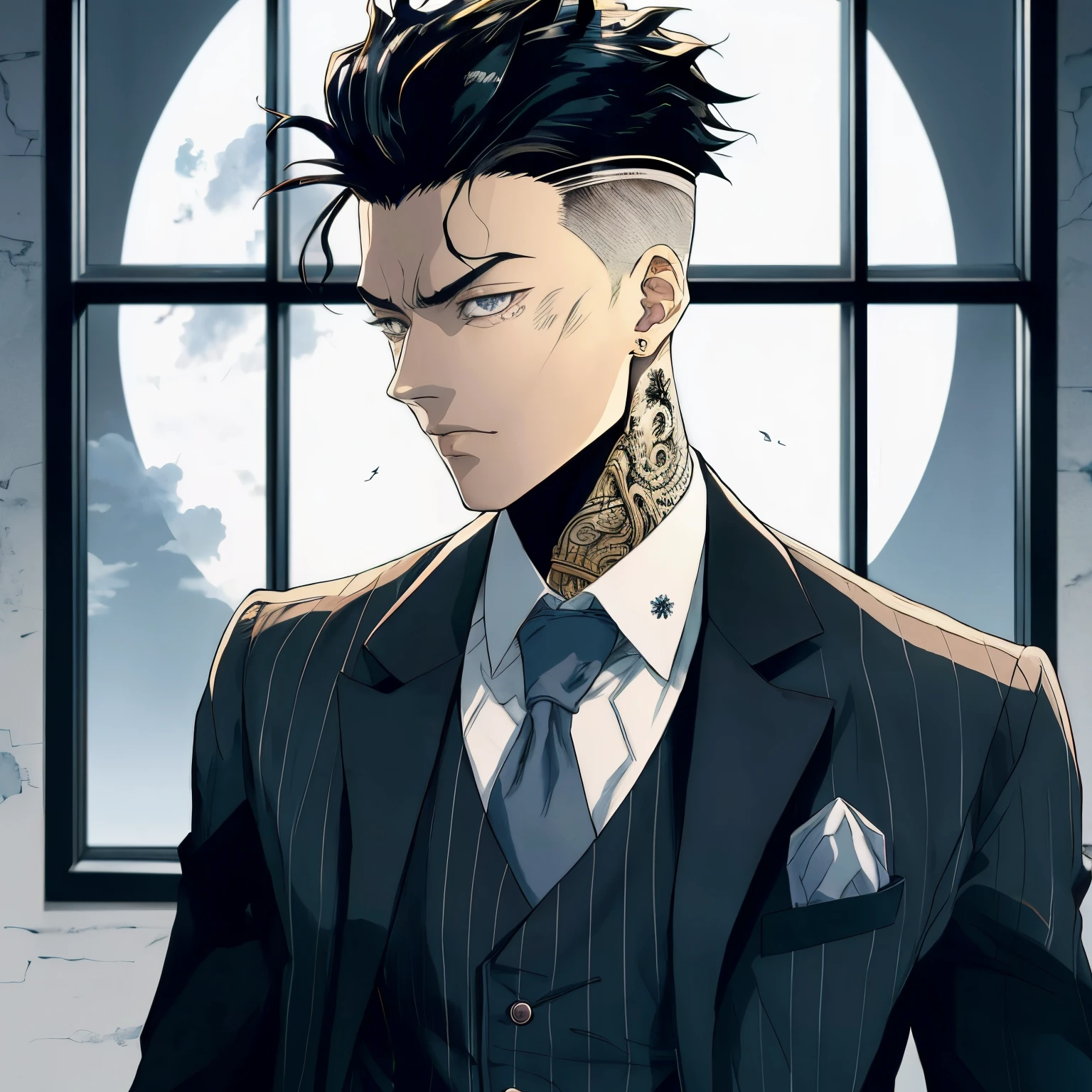 There's a man in a suit and tie standing in front of a window, Gatilho Estilo de Arte de Anime, cara bonito na arte demon slayer, kentaro miura manga art style, Arte Oficial, homem bonito anime, inspired by Munakata Shikō, estilo anime jojo, Kentaro Miura estilo de arte, em um terno estrito, pose de anime bonito