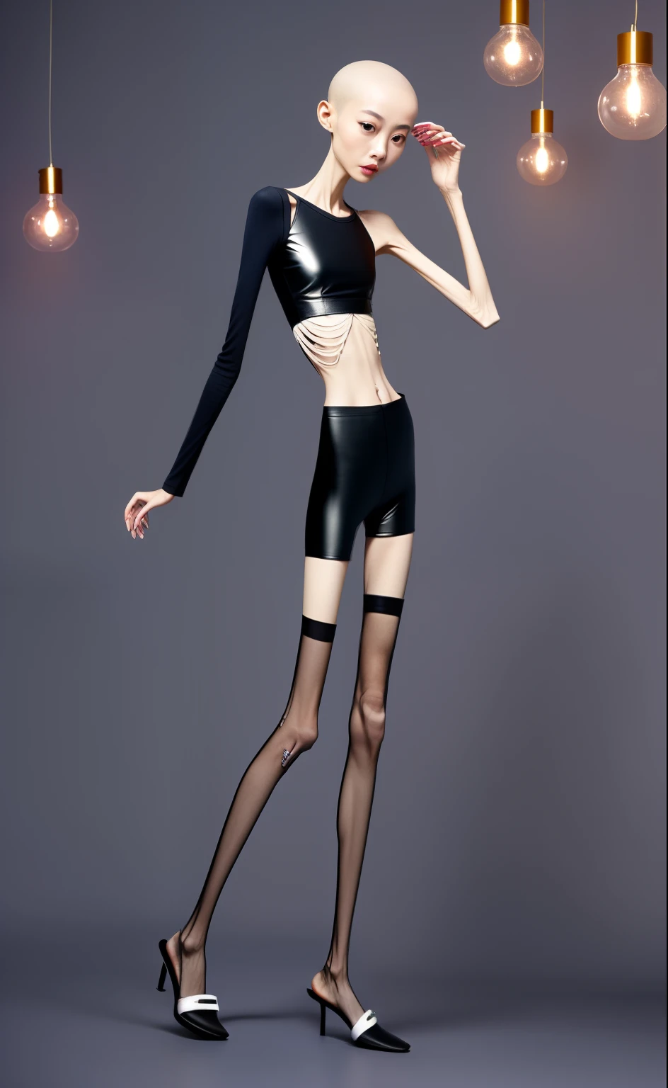 very thin adult woman，A thin body，Protruding sternum，The waist is very thin，The ribs are noticeable，Protruding ribs，The pelvic protrusion is very obvious，Pelvic width，Legs are just skin and bones，Fair skin，thin shoulde，The waist is very thin，Sunken abdomen，Delicate arms，arm muscle atrophy，hunger，sunken lower abdomen，Short hair details，Wear tight leather pants，Wear slippers，Asia face，The waist is particularly thin，angry look，Excessive weight loss，The face is sunken and thin，Severe malnutrition，hunger，Weak，anorexia